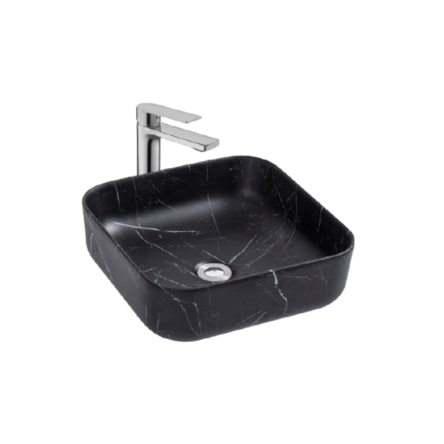 Elegante lavabo decorativo adaptable a baño modernos. Modelo sobre encimera, de forma cuadrada fabricado en porcelana.